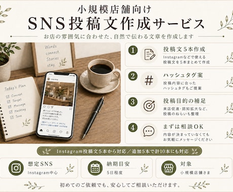 小規模店舗向けSNS投稿文を作成します お店の雰囲気に合う投稿文を作成します イメージ1