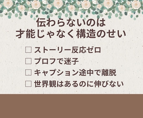 反応が止まるインスタ投稿、読まれる順番に変えます 順番を整えるだけで、共感→保存→DMが自然に起きる投稿に イメージ2