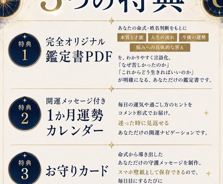 四柱推命×姓名判断 本名入力不要！鑑定書作成します あなた専用の開運メッセージ付き1か月運勢カレンダーを作成 イメージ2