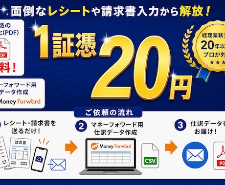 証憑を送るだけ！マネーフォワード用の仕訳作成します 丸投げOK！領収書・レシート・請求書を送付するだけ！ イメージ1