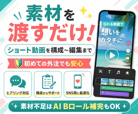 素材を渡すだけ！ショート動画を構成〜編集までします 素材だけでOK！ヒアリング〜編集まで丸ごとお任せください！ イメージ1