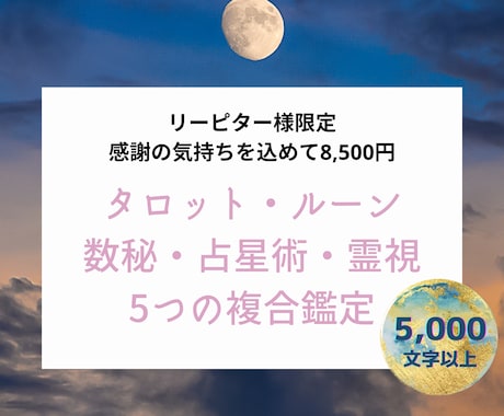 リピーター様を限定価格で占います 5つの占術を使い複合鑑定します【5,000文字】 イメージ1