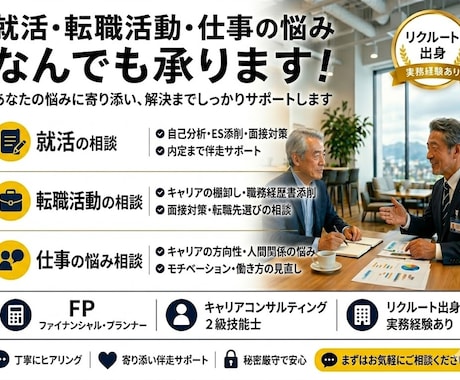 就活、転職活動、仕事の悩み、なんでも承ります 新卒の就活や転職の面接指導、将来のキャリアビジョンの悩み相談 イメージ1