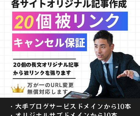 大手無料ブログ20個から上質な被リンクを貼ります ３千文字20ドメインのオリジナル記事作成！【キャンセル保証】 イメージ1