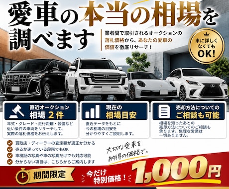 業者オークションの車相場を調べ致しますます 実際の落札相場2件から愛車の相場目安をお伝えいたします イメージ1