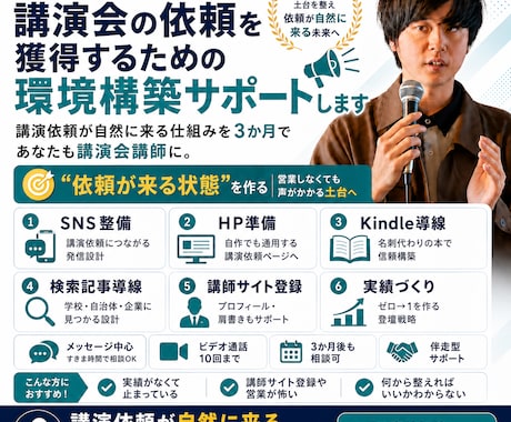 講演会の依頼を獲得するための環境構築サポートします 講演依頼が自然に来る仕組みを3か月で・あなたも講演会講師に。 イメージ1