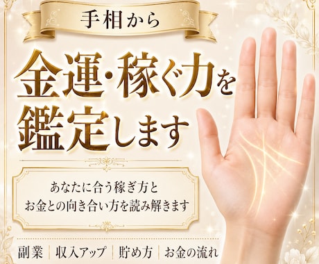 手相で金運・稼ぐ力・お金との向き合い方を鑑定します あなたに合う稼ぎ方とお金の流れを読み解きます イメージ1