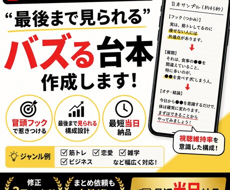 最短当日！バズる台本作成します バズる構成で最後まで見られる台本作成 イメージ1