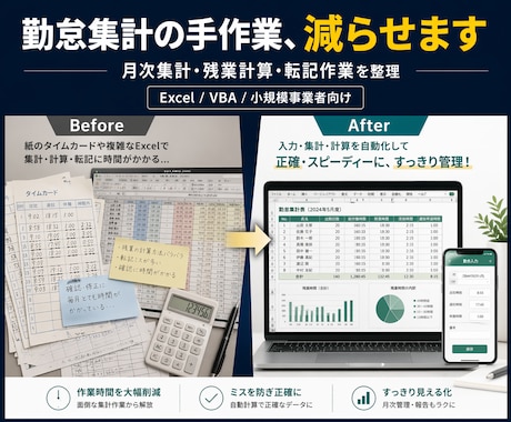 勤怠集計の手作業を減らします 毎月の集計・確認・修正をまとめて解決 イメージ1