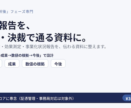補助金の実績報告・効果測定を伝わる資料に整えます 採択後の実績報告・効果測定を、審査・決裁で通る資料に整えます イメージ1