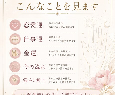 手相から総合運を丁寧に鑑定します 両手のお写真から恋愛・仕事・金運を読み解きます イメージ2