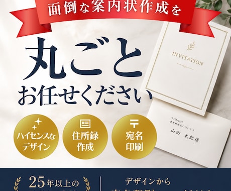 開業・周年・結婚案内状を丸投げ！宛名まで承ります 忙しい方向け！案内状をデザインから宛名印刷まで代行します イメージ1