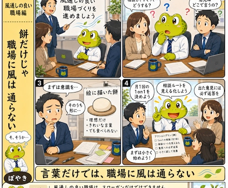 職場の悩みをカエル社員4コマにします 川柳・セリフ・構成まで職場経験をもとに制作 イメージ2