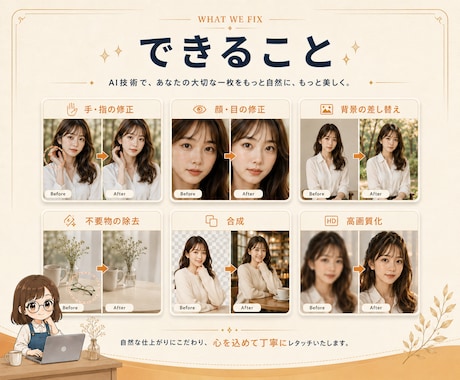 AI画像の手や顔の修正・加工・合成します そのAI画像、あと一歩。崩れも背景も自然に整えます イメージ2
