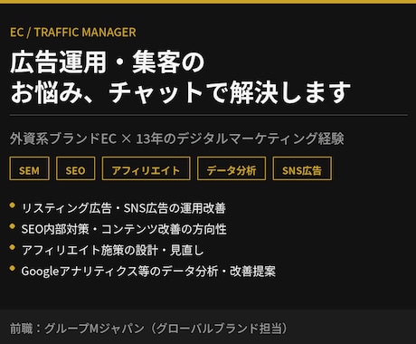現役トラフィックマネージャーが集客の悩み相談します ブランドEC×15年のマーケ経験で、広告費のムダを見つけます イメージ1