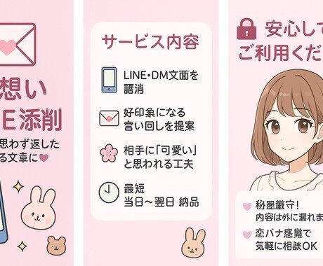 片想いLINEを可愛く添削♡恋愛成就を応援します 片想い・恋愛初期のLINEを一緒に可愛く仕上げます♡ イメージ1