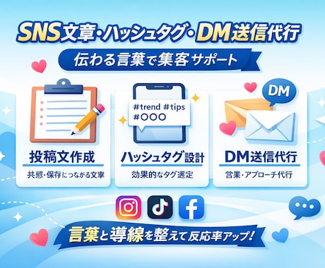 SNS文章・ハッシュタグ・DM送信代行をやります 投稿文・ハッシュタグ・DMをサポートします。 イメージ1
