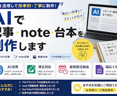 AIで記事・note・台本を制作します AI×人の確認で読みやすい記事をご提供します イメージ1