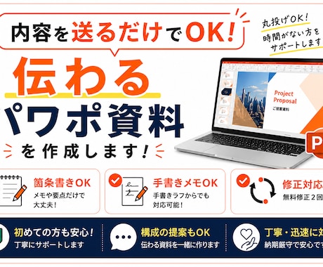 内容を送るだけ｜伝わるパワポ資料を作成します 箇条書きや手書きメモからでも対応可能です イメージ1