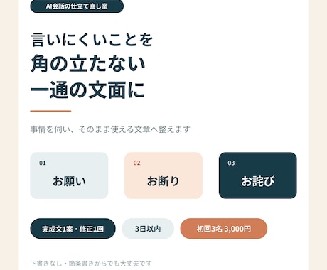 言いにくいお願い・お断り・お詫びの文面を作ります 事情を伺い、角の立たない一通に整えます イメージ1