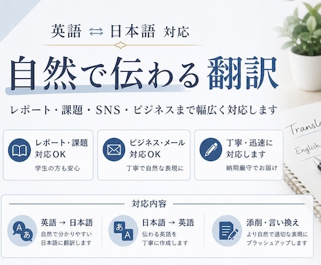 自然で伝わる英語翻訳します 違和感のない自然な文章に仕上げます! イメージ1