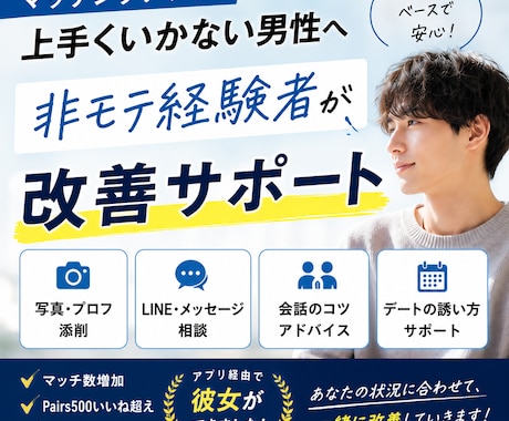 非モテ経験有|マッチングアプリ改善をサポートします マッチしない・続かない悩みを実体験ベースで改善します イメージ1