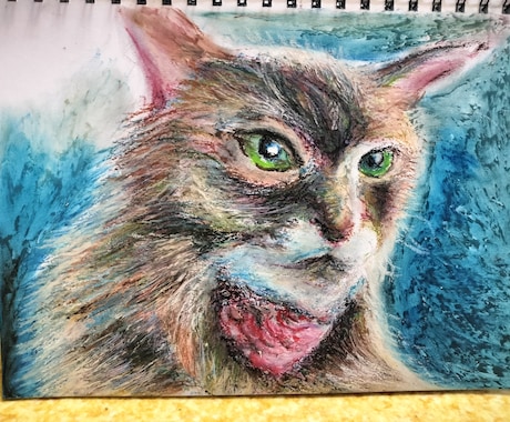 猫ちゃんをクレヨン、色鉛筆、水彩絵の具で描きます 雰囲気に合せた画材を使いA4の紙に描き額に入れて郵送します イメージ1