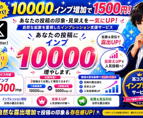 X (Twitter)投稿ポストのインプ増加します 衝撃のコスパ！10000インプ増加で1500円 イメージ1