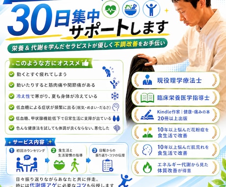 あなたの不調改善に向けて30日集中サポートします 栄養＆代謝を学んだセラピストが優しく不調改善をお手伝い イメージ1