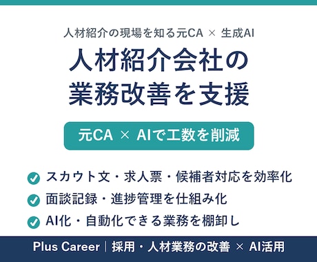 元CA×AIで人材紹介会社の業務を改善します 元CA×AIで、スカウト・求人票・候補者対応の工数を削減 イメージ1