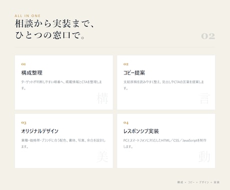 高品質なLP制作を構成から実装まで承ります 構成・コピー整理・デザイン・HTML実装まで一貫対応 イメージ2