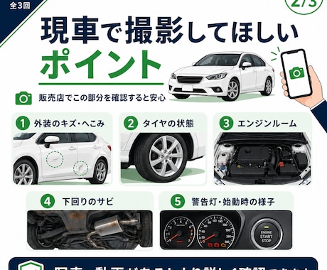中古車の現車確認をプロ目線でサポートします 写真や動画から購入前に見るべきポイントを確認します イメージ2