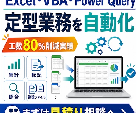 エクセル/VBAパワークエリで自動化します 工数80%削減実績｜毎月・毎週の面倒なエクセル作業を仕組み化 イメージ1