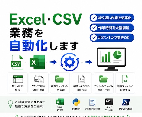 Excel・CSVの定型作業を自動化します VBA・Pythonなど最適な方法で手作業を削減します イメージ1