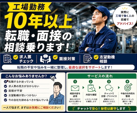 工場勤務10年以上｜転職や求人の悩み相談に乗ります 求人票だけでは分からない不安を一緒に考えます イメージ1