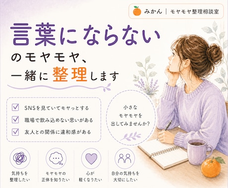 言葉にならないモヤモヤ、一緒に整理します 頭の中を整理して、心を少し軽く。 イメージ1