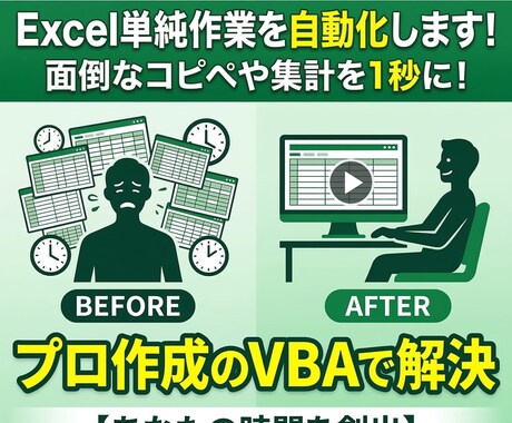 単純作業を自動化！プロがVBAを作成します 面倒なコピペや集計を1クリックに。あなたの時間を創出します。 イメージ1