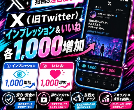 X(旧Twitter)のインプ&いいねを増やします インプ&いいねをセットで1,000～増加！オプ割あります✨ イメージ1
