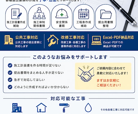 公共工事の施工計画書作成補助を行います 施工計画書作成、その他書類を迅速・丁寧にサポートいたします。 イメージ1