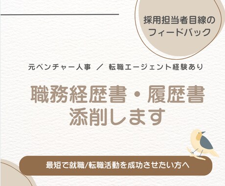 採用担当者目線で職務経歴書・履歴書を添削します 何百枚もの書類を見てきた元人事が、通る書類へ仕上げます イメージ1