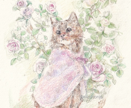 水彩色鉛筆で愛犬愛猫愛鳥の可愛いイラスト描きます 色とりどりのお花に囲まれ庭園にいるような優しい雰囲気の画風。 イメージ1