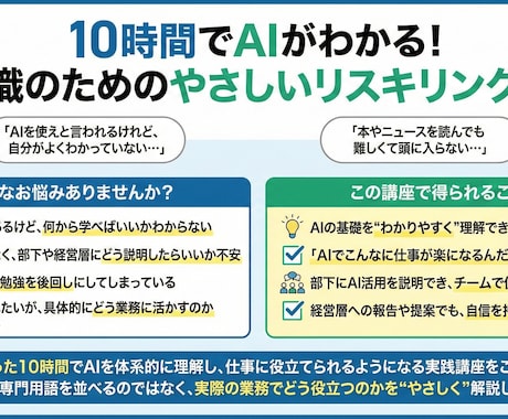 やさしいAIリスキリング集中コース販売します AIを“知る人”から“使える人”へ──10時間で変わる！ イメージ2