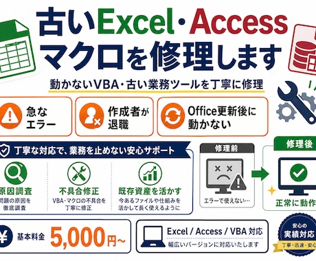 古いExcel・Accessマクロを修理します 突然動かなくなったVBAや不具合を丁寧に直します イメージ1