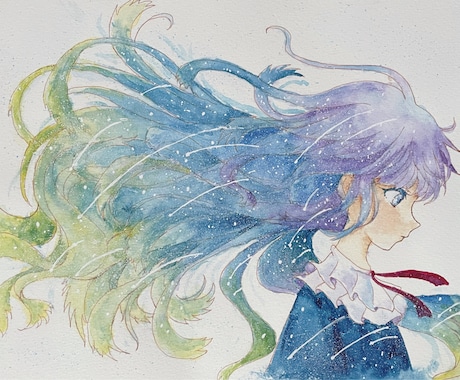 優しく温かみのあるファンタジーなイラストを描きます 透明水彩で優しく温かみのある横顔のイラスト。 イメージ1