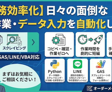 面倒な手作業データ入力を自動化するツール作成します 面倒な作業を自動化する仕組みを構築いたします。 イメージ1
