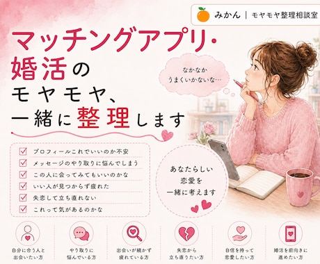 マッチングアプリ・婚活のモヤモヤ、一緒に整理します あなたらしい恋愛を一緒に考えます イメージ1