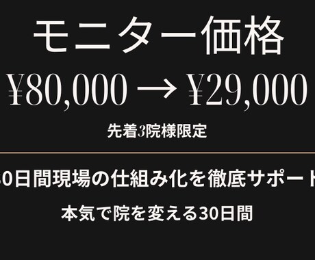 30日間、現場の仕組み化を徹底サポートします 通常80,000円をモニター価格で。本気で院を変える30日間 イメージ1