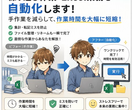 繰り返し作業・Excel業務を自動化します あなたの作業に合わせた自動化ツールを丁寧に作成します イメージ1