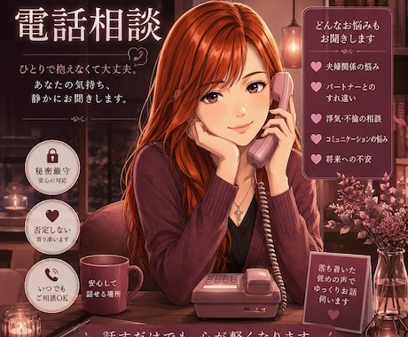 夫婦の悩み・カップルの悩み・恋愛相談・雑談聴きます 夫婦のお悩み、カップルの悩み、恋愛相談、雑談をお聴きします イメージ1