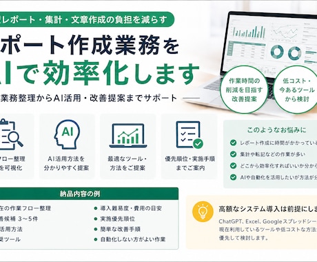 レポート作成業務をAIで効率化します 定型レポート・集計・文章作成の負担を減らす方法を設計 イメージ1